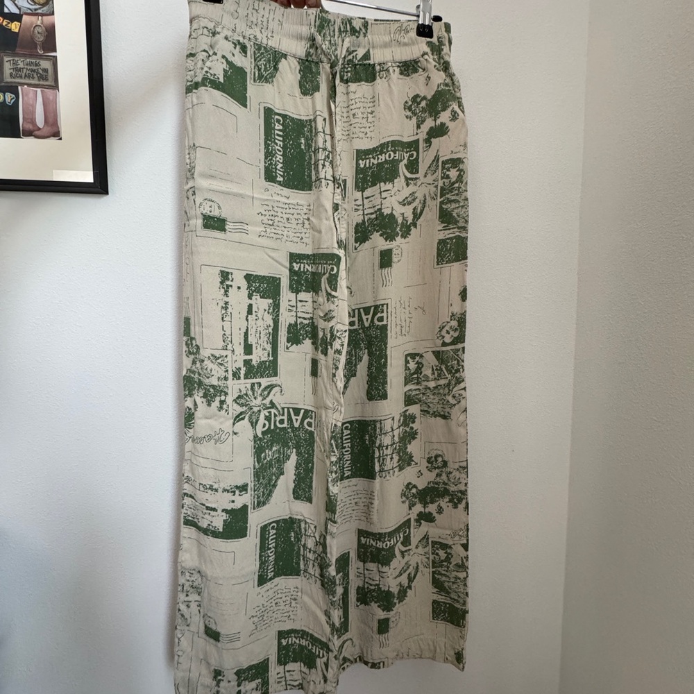 Women's Straight Leg Printed Linen-Blend Pants in Cream & Green